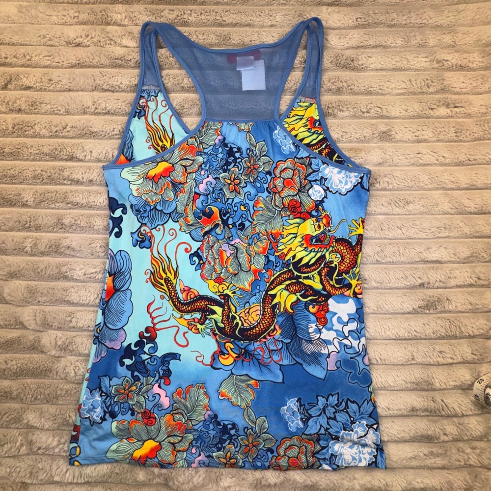 Natori Womens Small Blue Japanese Dragon Racerback‎ Tank Top Built-in-Bra Y2K - Picture 6 of 10